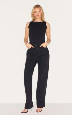 Prettylittlething Washed Black L30 Denim Split Hem Jeans