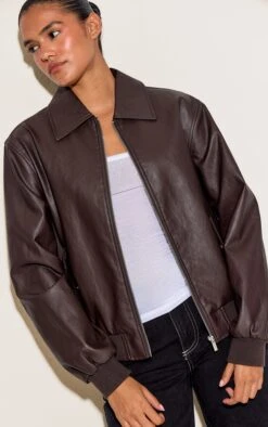 Prettylittlething Dark Chocolate Faux Leather Bomber Jacket
