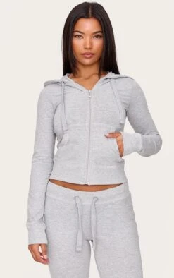 Prettylittlething Grey Marl Zip Up Fitted Track Top