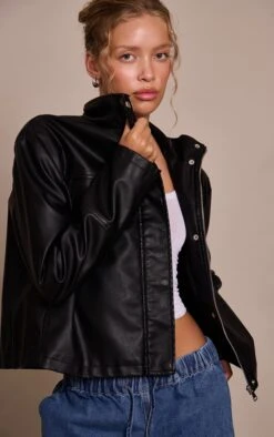 Prettylittlething Black Faux Leather Funnel Neck Jacket
