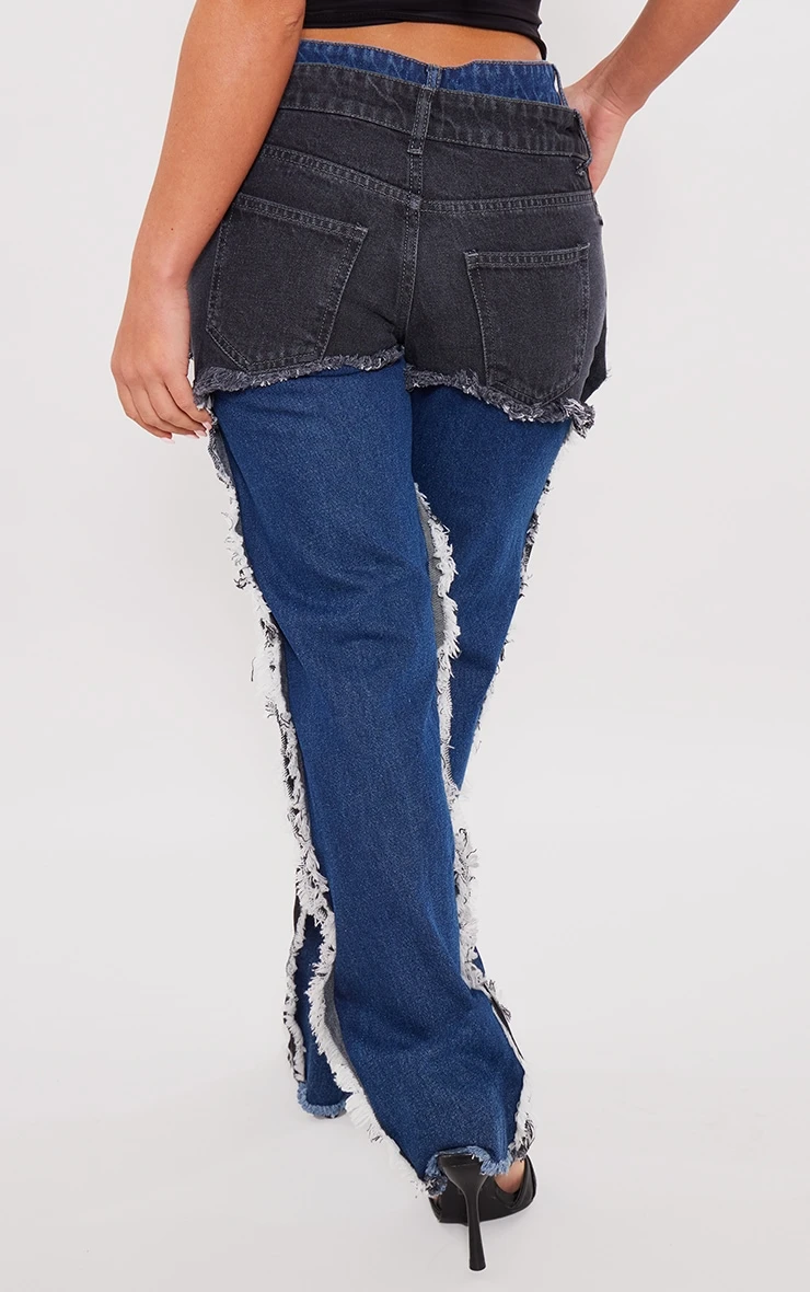 Prettylittlething Washed Indigo Layered Effect Straight Leg Jeans 3 Prettylittlething Washed Indigo Layered Effect Straight Leg Jeans - Image 3