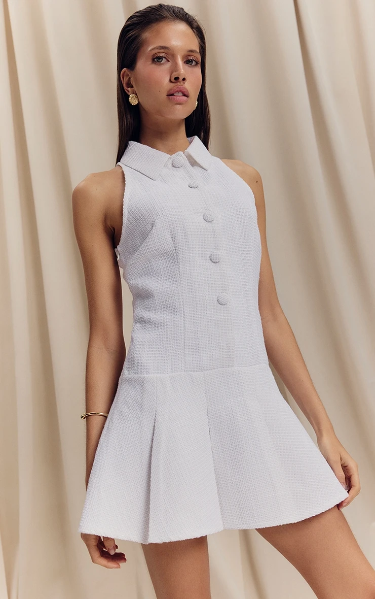 Prettylittlething White Boucle Pleated Skater Dress 1 Prettylittlething White Boucle Pleated Skater Dress