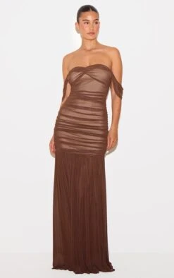 Prettylittlething Chocolate Mesh Bardot Ruched Detail Maxi Dress