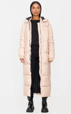 PRETTYLITTLETHING Stone Text Front Maxi Puffer Coat