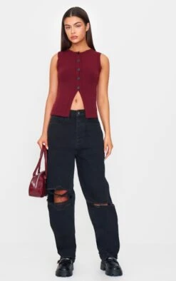 PRETTYLITTLETHING Washed Black Extreme Ripped Hem Boyfriend Jeans