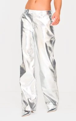 Prettylittlething Silver Metallic Crocodile Faux Leather Pants
