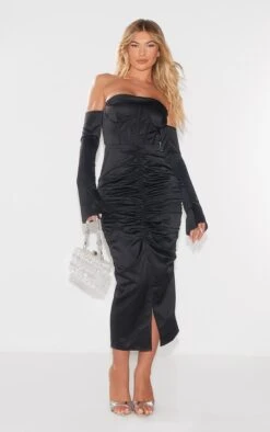 Prettylittlething Black Premium Constructed Satin Draped Front Midi Dress