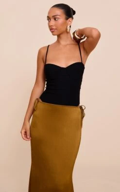 Prettylittlething Black Woven Stretch Strappy Bodysuit