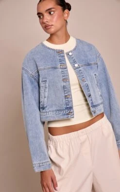 Prettylittlething Mid Blue Wash Collarless Cropped Denim Jacket
