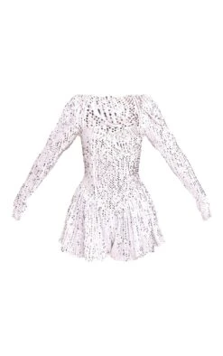 Prettylittlething White Sequin Cup Detail Long Sleeve Skater Romper -Pretty Little Thing Shop 025c1b74888b925cd4e84f52edaf7ed0f8ed1be0 cnh5247 5