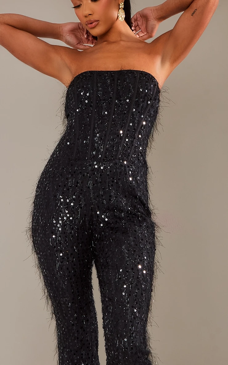 Black Textured Sequin Corset Bandeau Jumpsuit 4 Black Textured Sequin Corset Bandeau Jumpsuit - Image 4