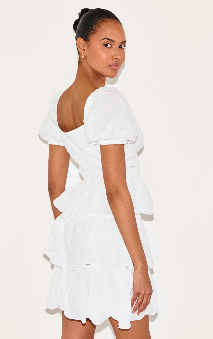 Prettylittlething White Crinkle Cup Detail Tiered Skirt Skater Dress - Image 2