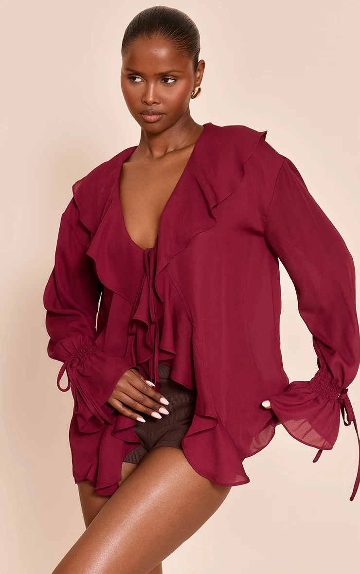 Wine Chiffon Ruffle Tie Front Blouse 1 Wine Chiffon Ruffle Tie Front Blouse