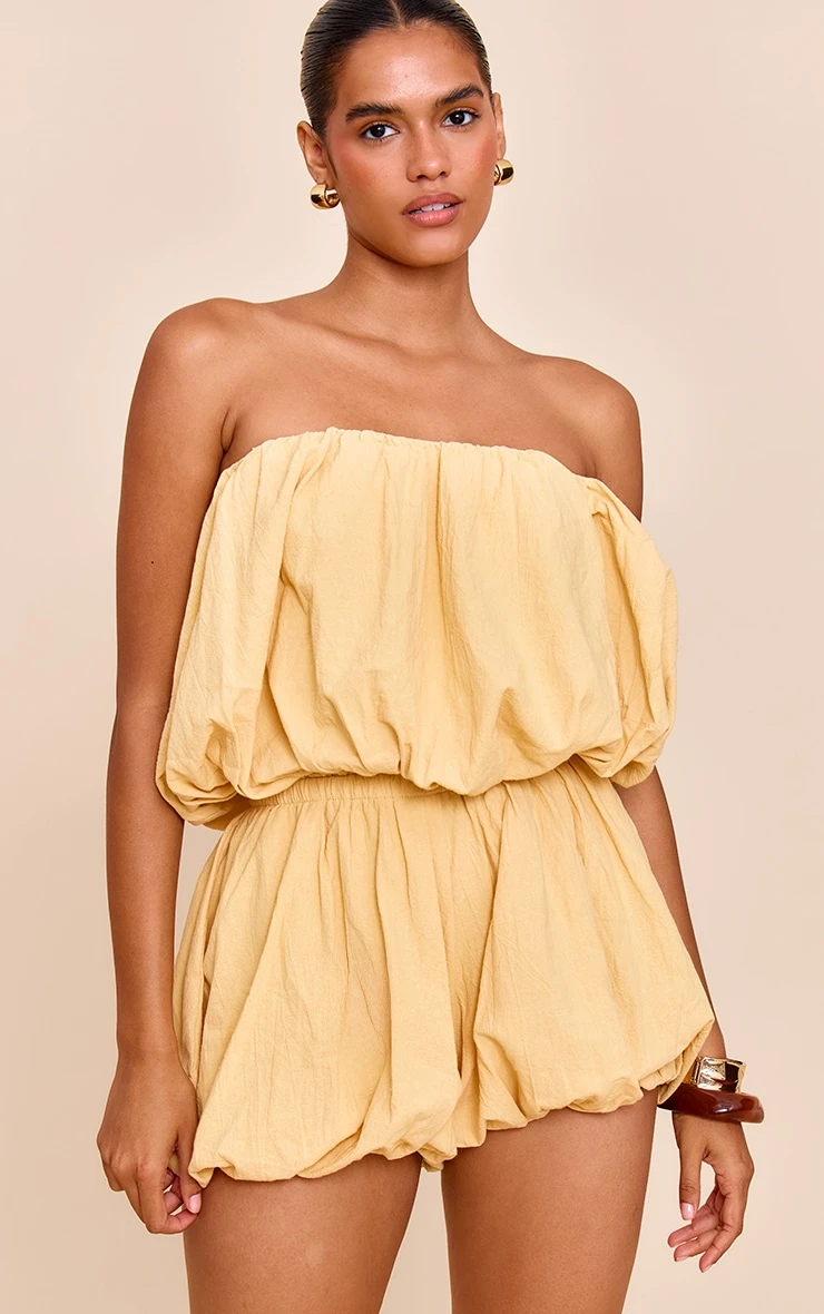 Prettylittlething Lemon Puffball Detail Bandeau Romper 1 Prettylittlething Lemon Puffball Detail Bandeau Romper