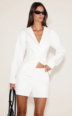 Cream Tailored Mid Rise Shorts