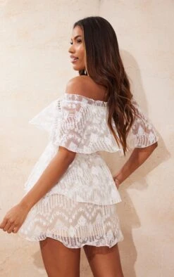 Prettylittlething White Lace Bardot Ruffle Tiered Dress -Pretty Little Thing Shop 033c349800d19489e581c243cff1114fe9cab32f cmr7618 3
