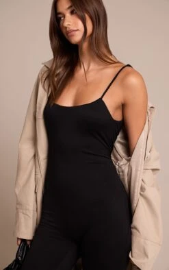 Black Spaghetti Strap Contour Jersey Jumpsuit -Pretty Little Thing Shop 037e8fa98877bb11e89a57037e27cdbaa941b405 CNO0483 4 black spaghetti strap contour jersey jumpsuit
