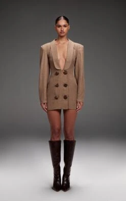 Prettylittlething PLT Label Brown Textured Button Plunge Blazer Dress