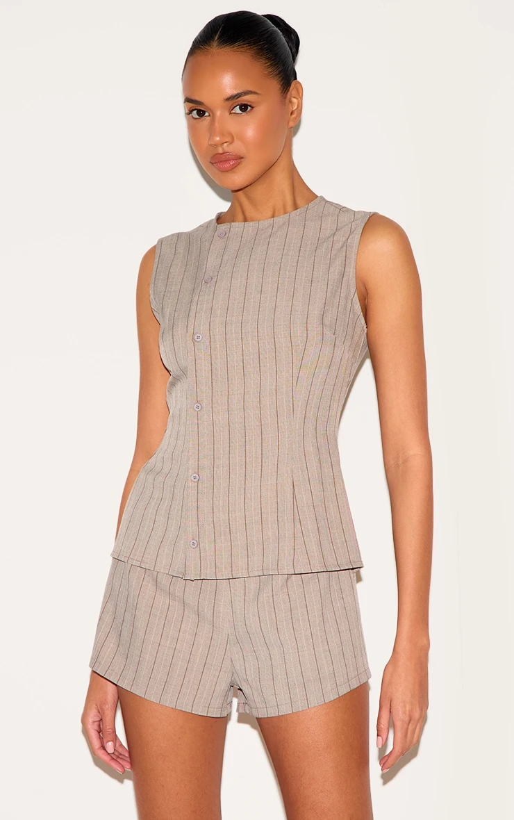 Prettylittlething Brown Pinstripe Linen Asymmetric Button Down Romper 1 Prettylittlething Brown Pinstripe Linen Asymmetric Button Down Romper