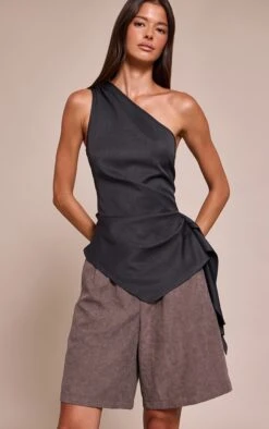 Charcoal Woven One Shoulder Drape Detail Top