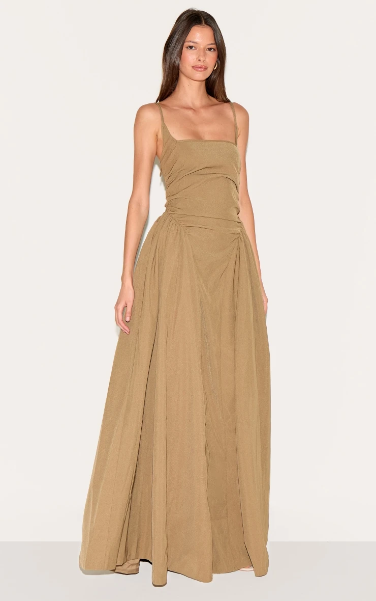 Prettylittlething Mushroom Woven Ruched Strappy Maxi Dress 1 Prettylittlething Mushroom Woven Ruched Strappy Maxi Dress