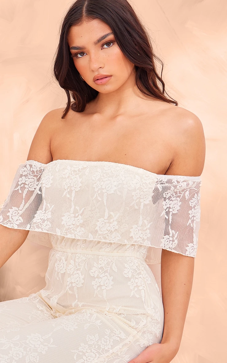 Prettylittlething Butter Cream Shimmer Floral Lace Bardot Jumpsuit 4 Prettylittlething Butter Cream Shimmer Floral Lace Bardot Jumpsuit - Image 4