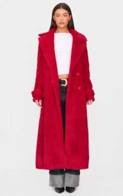Prettylittlething Red Borg Double Breasted Maxi Coat