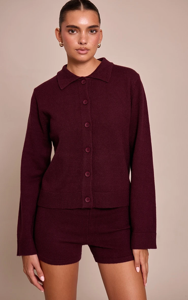 Prettylittlething Chocolate Plum Button Through Collar Cardigan 4 Prettylittlething Chocolate Plum Button Through Collar Cardigan - Image 4