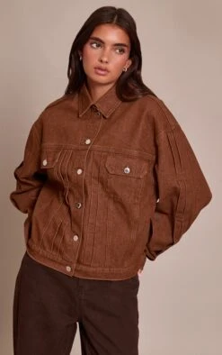 Prettylittlething Tan Pleat Detail Boxy Denim Jacket
