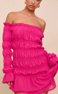 Prettylittlething Fuchsia Chiffon Bardot Long Sleeve Ruched Bodycon Dress -Pretty Little Thing Shop 04f5d4cf34d33720557f814e6e39db85f1d3e606 CNM7488 4 fuchsia chiffon bardot long sleeve ruched bodycon dress