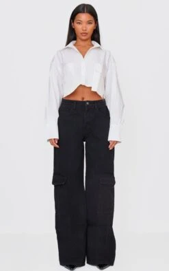 Washed Black Cargo Side Pocket Wide Leg Jeans