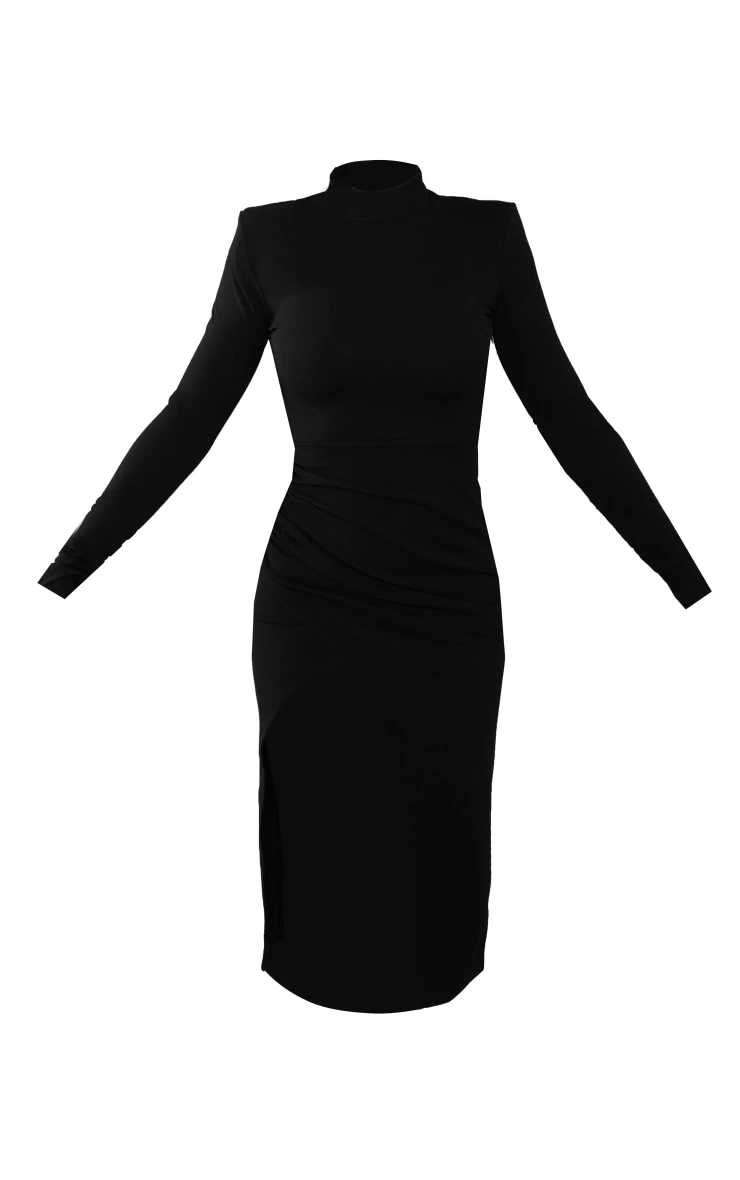 Prettylittlething Black Crepe High Neck Split Sleeve Midi Dress - Image 5