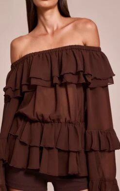 Prettylittlething Chocolate Chiffon Tiered Ruffle Bardot Top -Pretty Little Thing Shop 0560fe4b1f6cb7b91e801085a7ca7be353ed4176 CNN6802 4 chocolate chiffon tiered ruffle bardot top