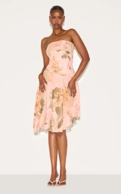 Prettylittlething Pink Bandeau Printed Asymmetric Hem Midi Dress