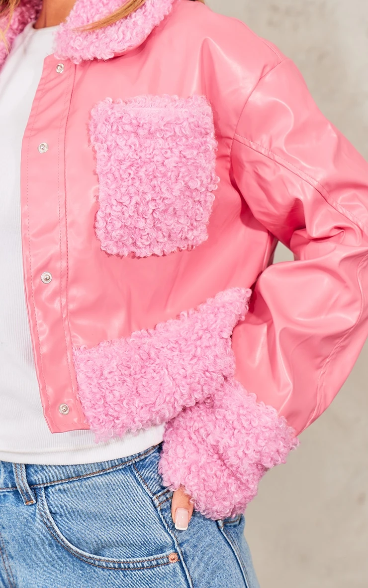 Prettylittlething Pink Borg Pocket Front Faux Leather Cropped Coat 3 Prettylittlething Pink Borg Pocket Front Faux Leather Cropped Coat - Image 3
