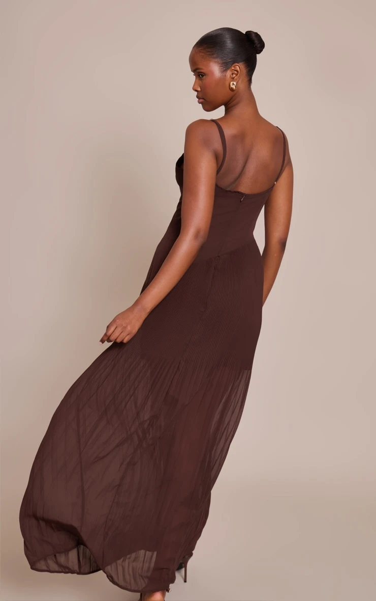 Prettylittlething Chocolate Woven Pleated Hem Detail Spaghetti Maxi Dress - Image 2