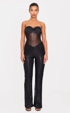 Prettylittlething Black Sequin Bandeau Sheer Panel Jumpsuit