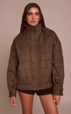 Prettylittlething Brown Checked Funnel Neck Bomber Jacket