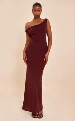Prettylittlething Chocolate Double Layered Chiffon Asymmetric Maxi Dress