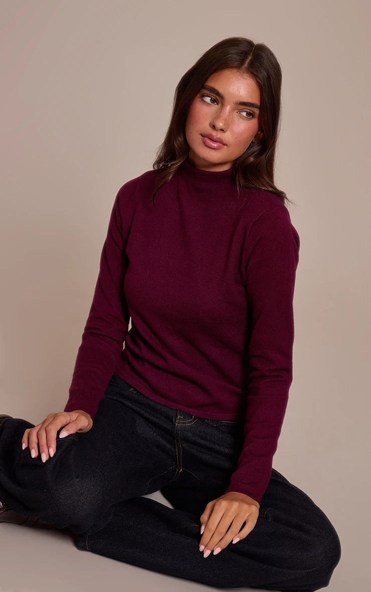 Burgundy Fine Knit High Neck Sweater 3 Burgundy Fine Knit High Neck Sweater - Image 3