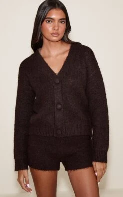 Chocolate Brushed Button Through Long Sleeve Cardigan