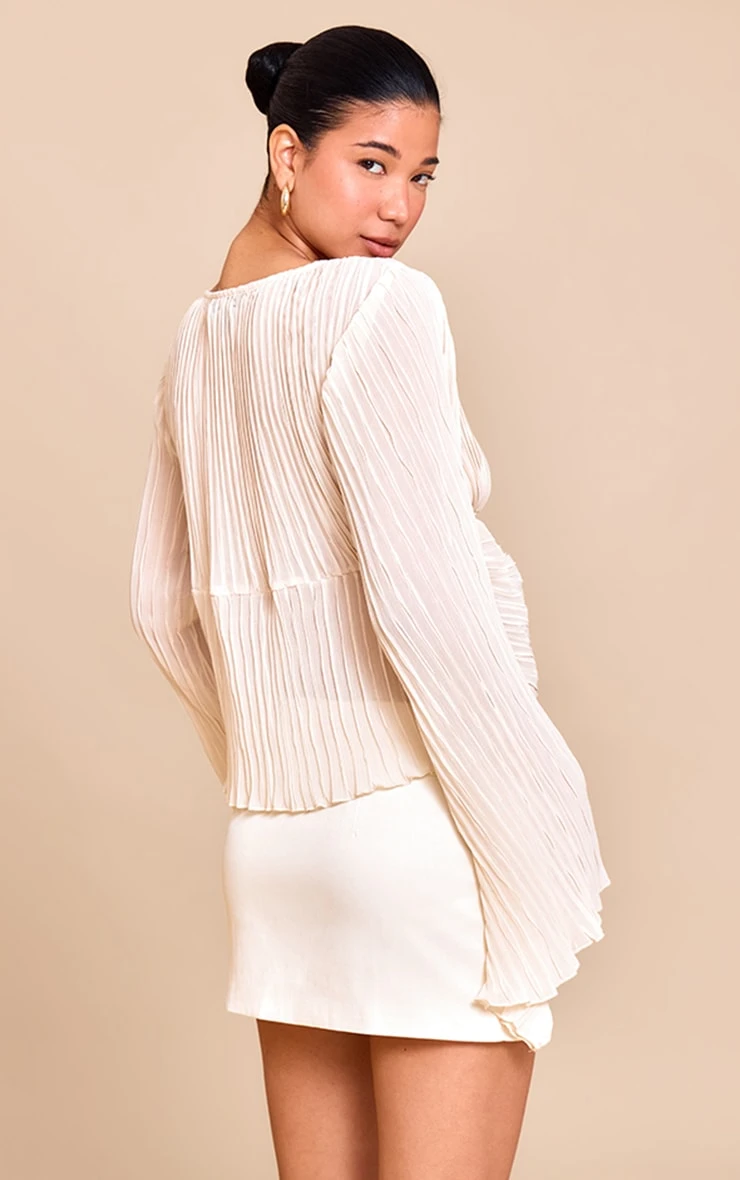 Prettylittlething Cream Sheer Plisse Tie Front Flute Sleeve Blouse - Image 2