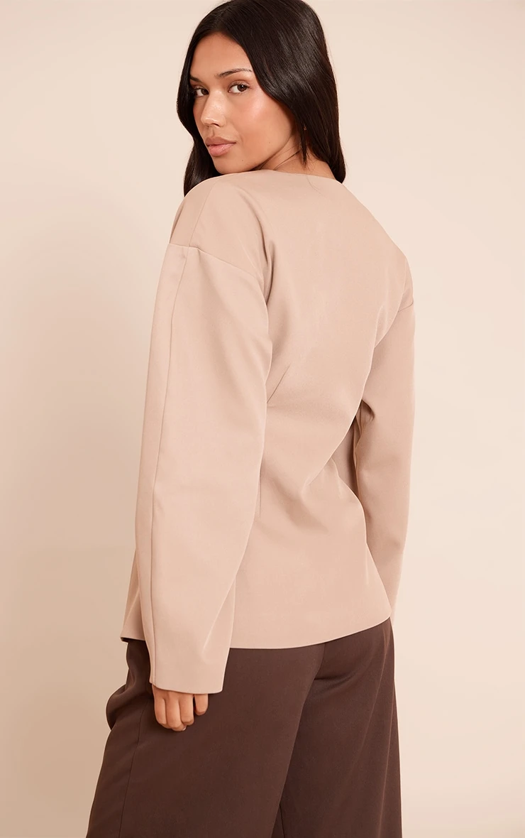 Prettylittlething Taupe Collarless Fabric Covered Button Blazer 2 Prettylittlething Taupe Collarless Fabric Covered Button Blazer - Image 2