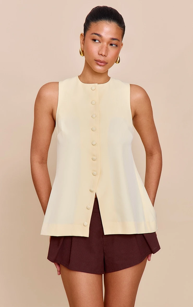 Prettylittlething Butter Yellow Woven Button Down Longline Vest 2 Prettylittlething Butter Yellow Woven Button Down Longline Vest - Image 2