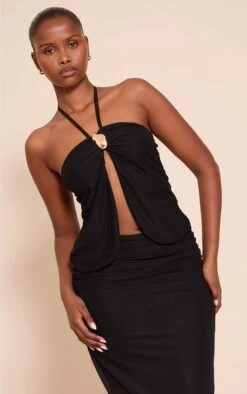 Black Chiffon Gold Trim Halter Neck Top