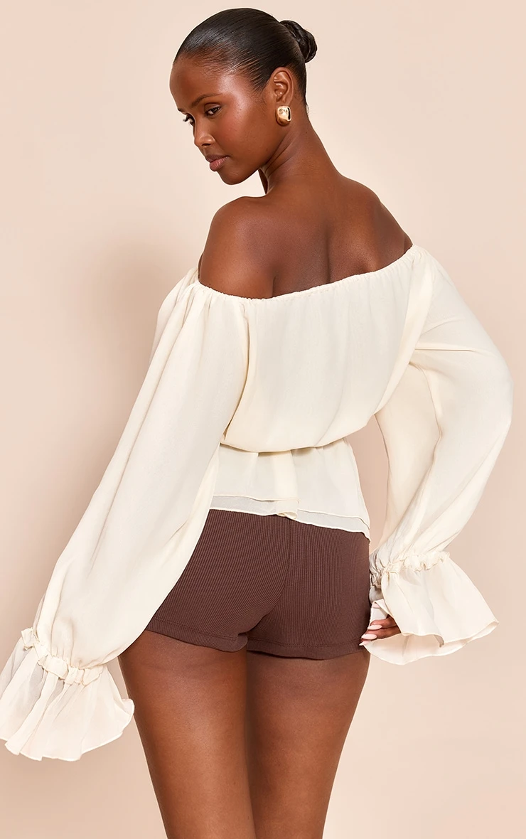 Prettylittlething Cream Chiffon Tie Detail Bardot Floaty Top 2 Prettylittlething Cream Chiffon Tie Detail Bardot Floaty Top - Image 2