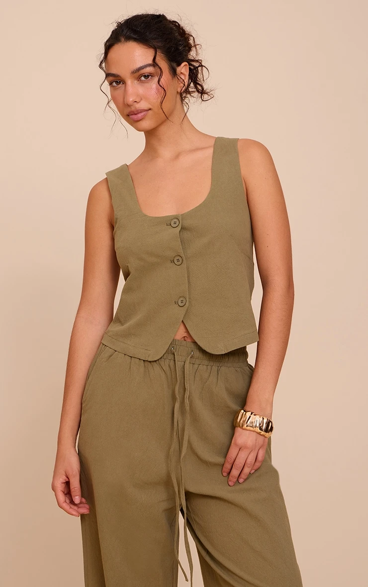 Prettylittlething Khaki Tailored Linen Look Scoop Neck Fitted Vest