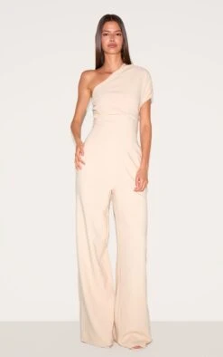 Prettylittlething Sand Asymmetric Ruched Wide Leg Jumpsuit