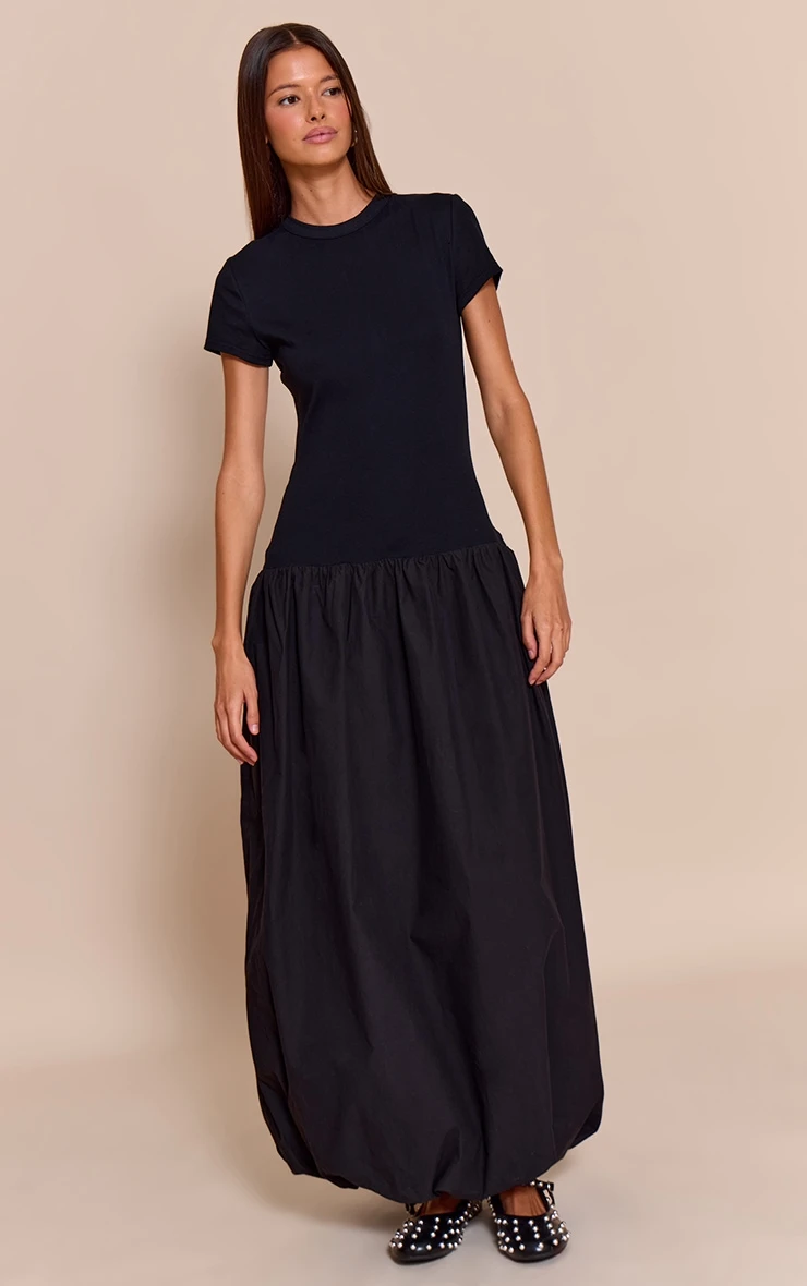 Black Dropped Waist T Shirt Puff Ball Hem Maxi Dress 1 Black Dropped Waist T Shirt Puff Ball Hem Maxi Dress