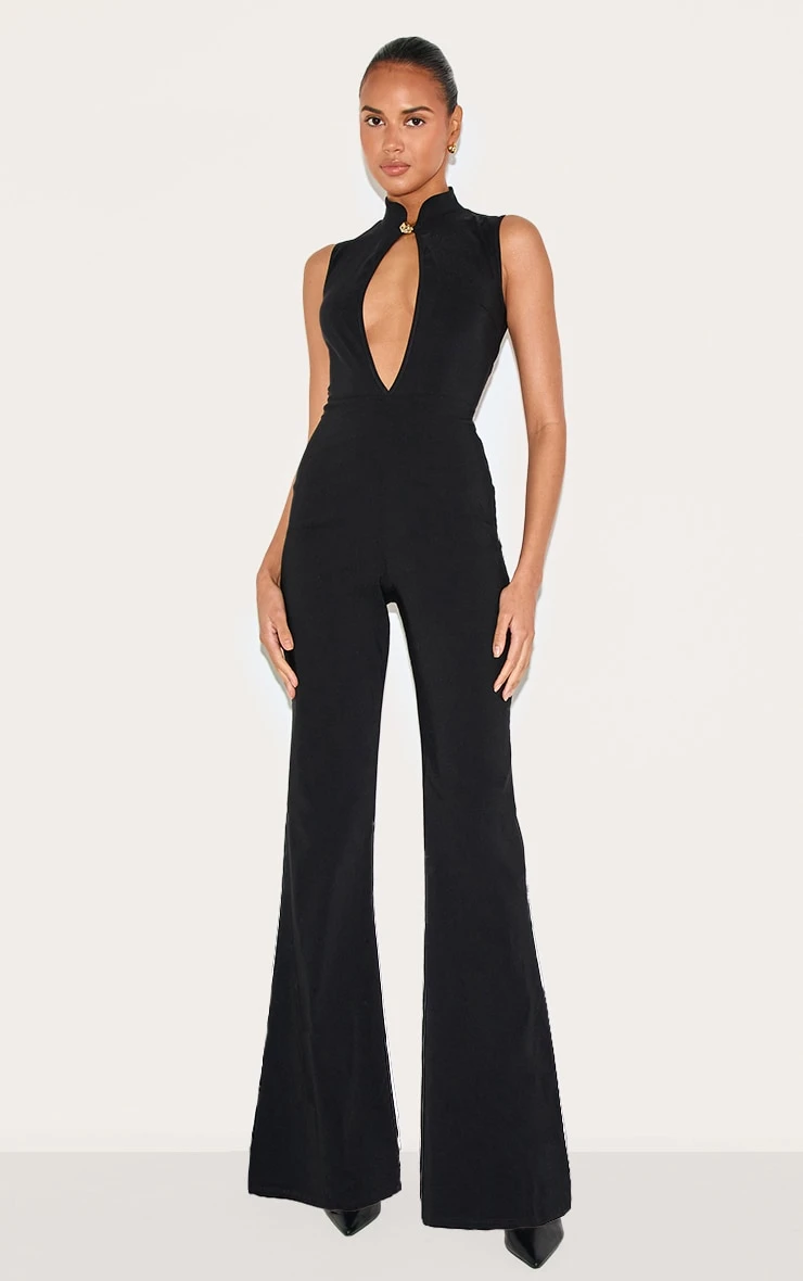 Prettylittlething Black Stretch Woven Collared Gold Trim Straight Leg Jumpsuit